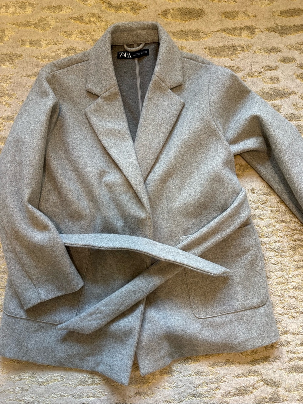ZARA Light Gray Belted Wool-Blend Blazer Jacket